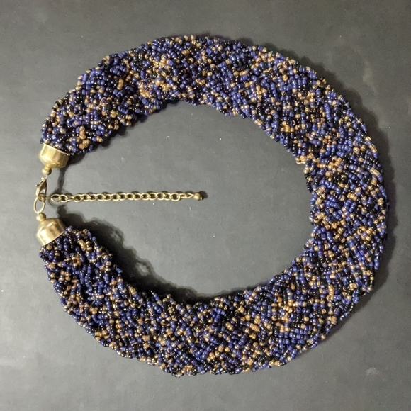 Blue and Gold Tone Braided Beaded Collar Bib Statement Necklace - Picture 1 of 3